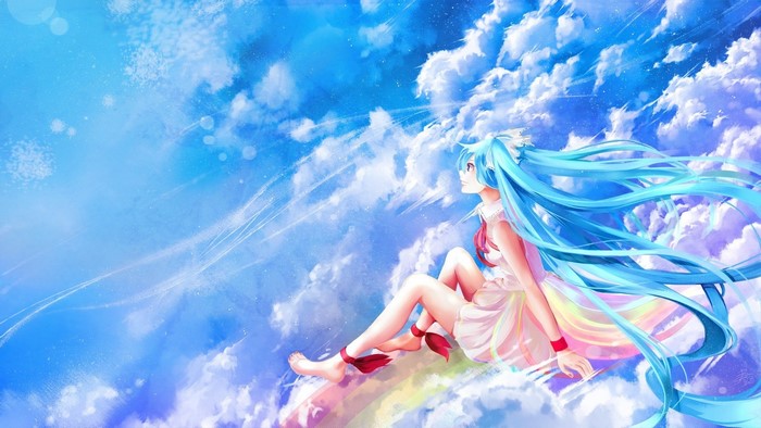 Hatsune Miku sitting on clouds in the sky