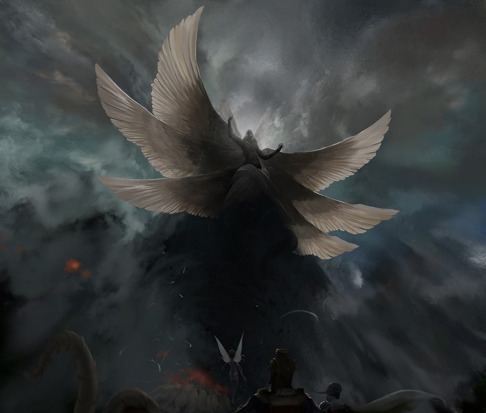 Angel with multiple wings above dark clouds