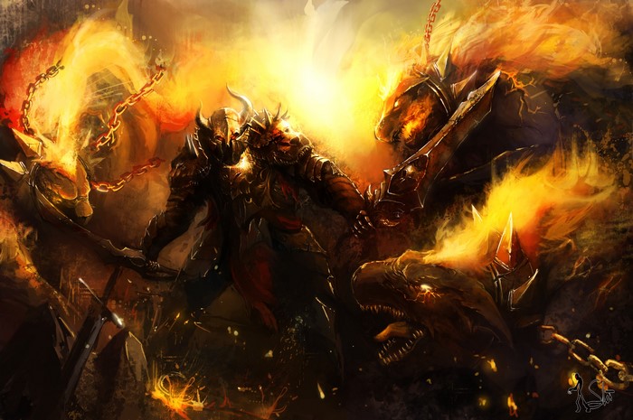 Armored warrior fighting fiery monsters with swords