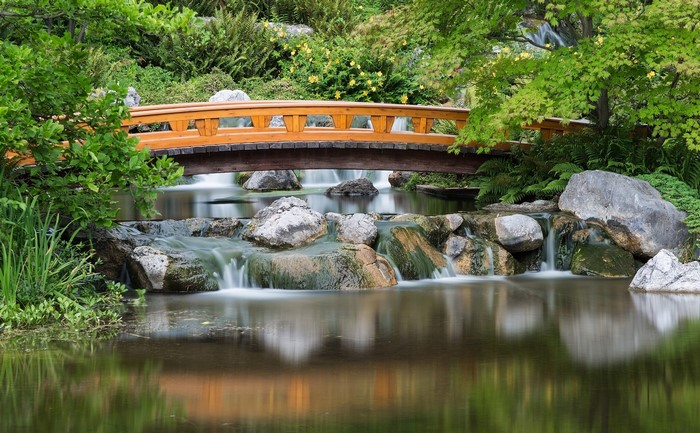 Wooden bridge over a stream in a Japanese garden