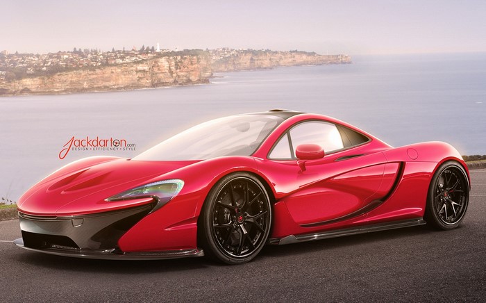 Red McLaren P1 car on a road with ocean background