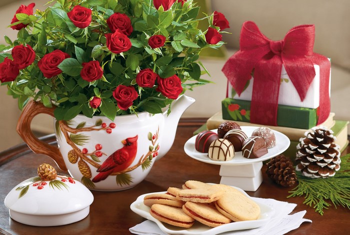 Christmas Teapot with Roses, Chocolates, Cookies, and Gifts