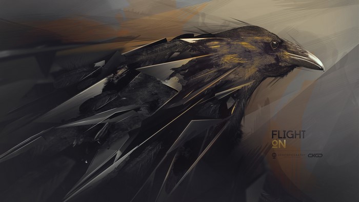 Digital art of a crow in flight with abstract elements