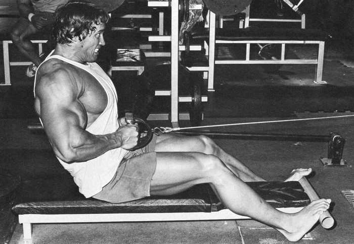 Arnold Schwarzenegger performing seated cable rows