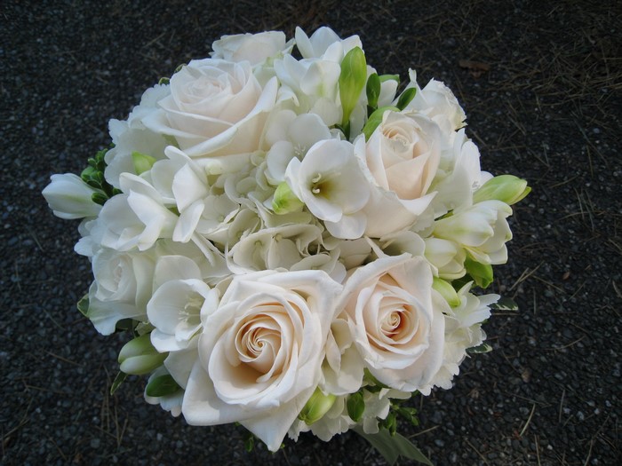 White roses and freesia bouquet