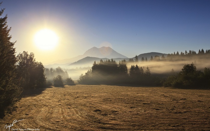 Sunrise over misty mountains and forest