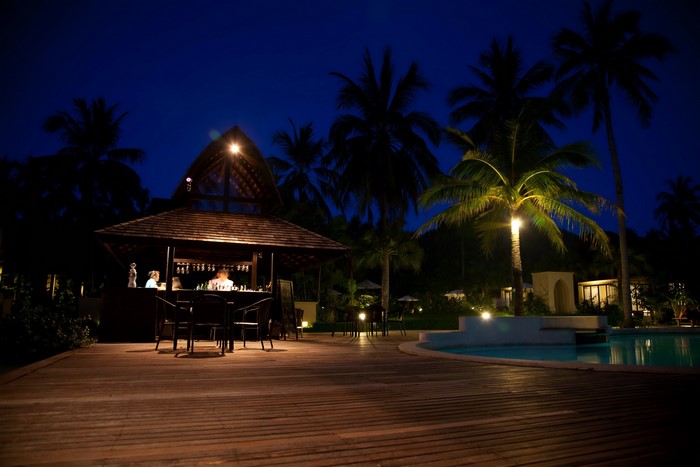Resort bar at night with palm trees and pool