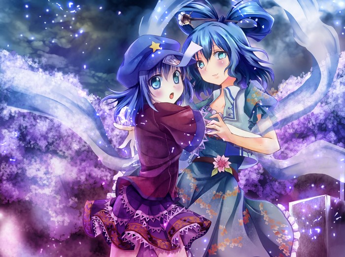 Two anime girls with blue hair in a magical forest