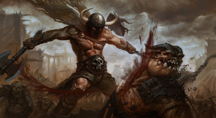Warrior with battle axe fighting monsters