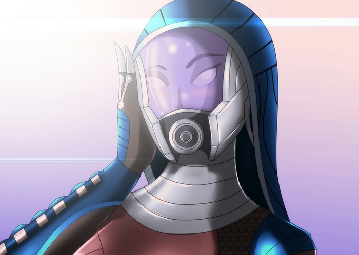 Tali Zorah from Mass Effect wearing a helmet