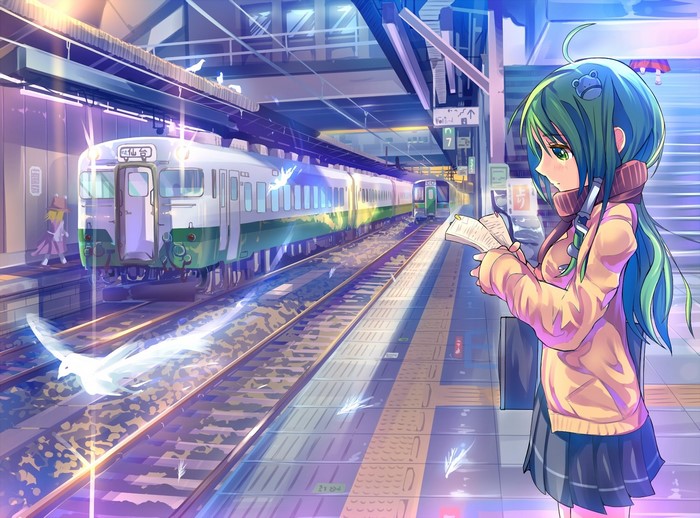 Girl reading at train station with Touhou characters
