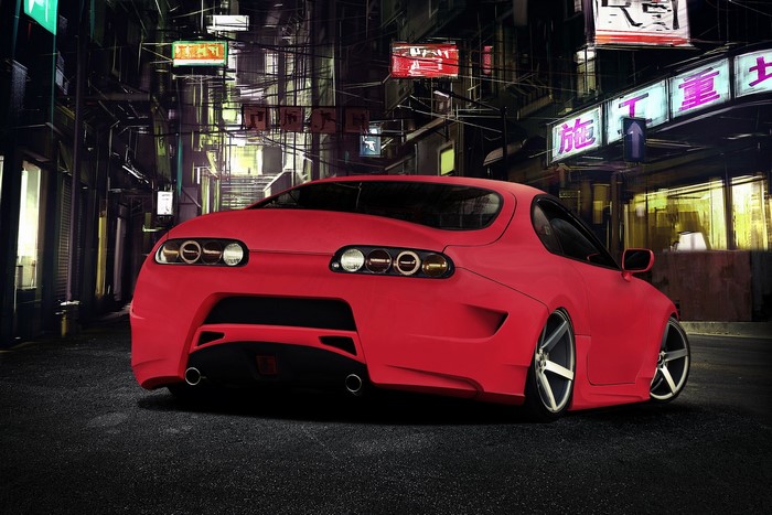Red Toyota Supra in a Neon City Alley