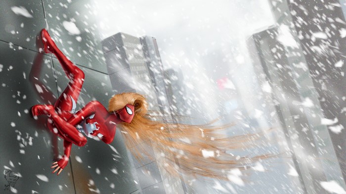 Spider-Woman in a snowy city