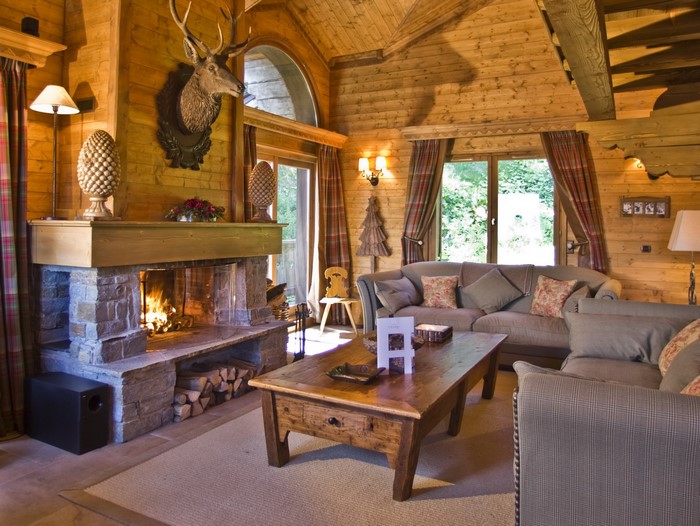 Cozy wooden living room with fireplace and sofa