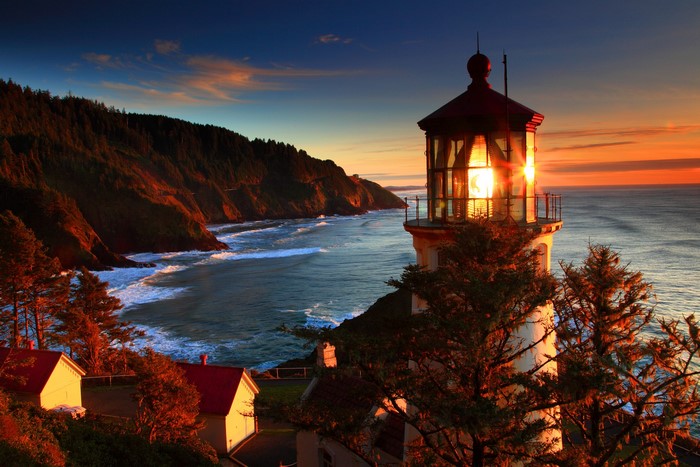 Heceta Head Lighthouse at sunset, Oregon Coast, USA