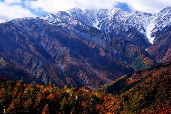 Snow-capped mountains in Nagano, Japan during autumn