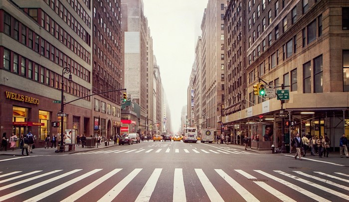 New York City street with Wells Fargo bank