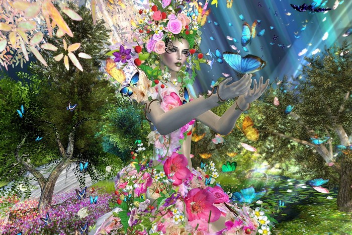 Fairy woman with butterflies and flowers
