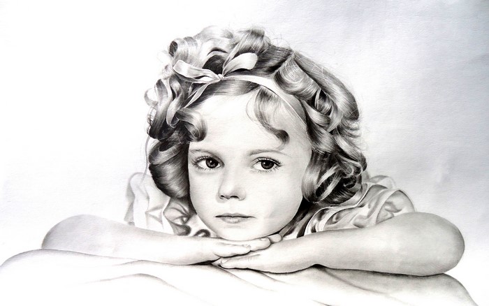 Pencil drawing of a young girl with curly hair