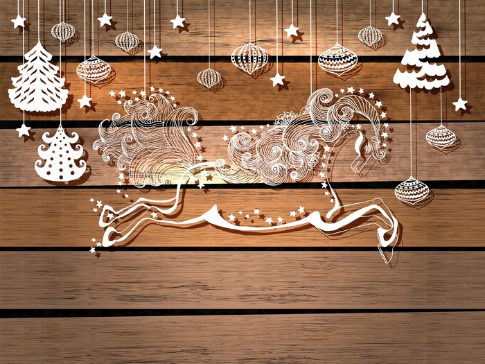 Christmas Decorations with Horse Silhouette on Wood
