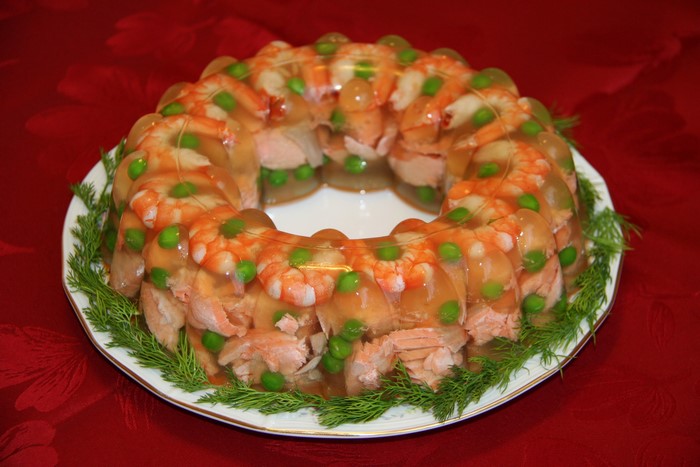 Seafood and Salmon Aspic Ring with Dill Garnish
