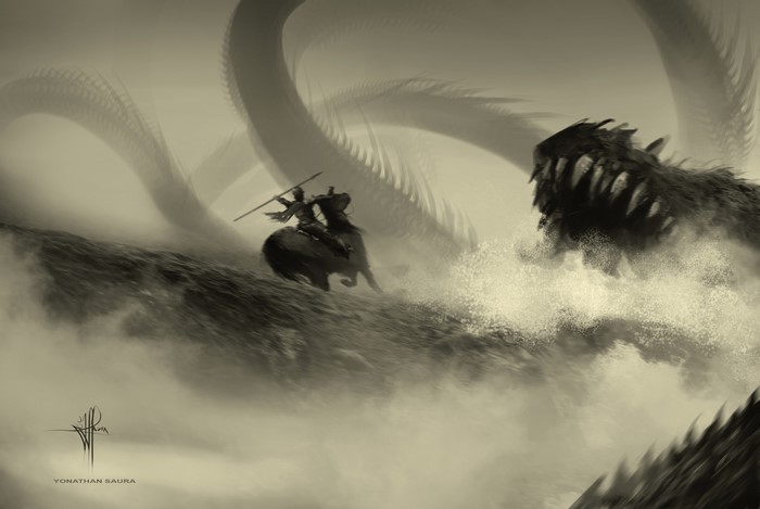 Warrior on horseback battles a sea monster