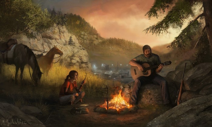 Joel and Ellie from The Last of Us by a campfire