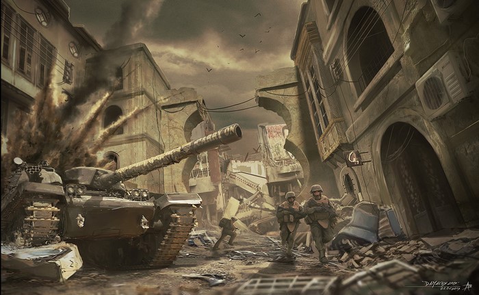 Tank and soldiers in destroyed city street