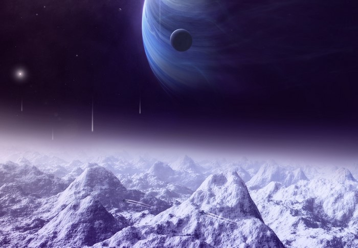 Alien planet with snow-covered mountains and a gas giant