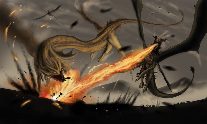 Dragons breathing fire in a battle