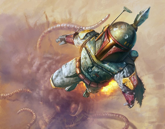 Boba Fett from Star Wars in flight