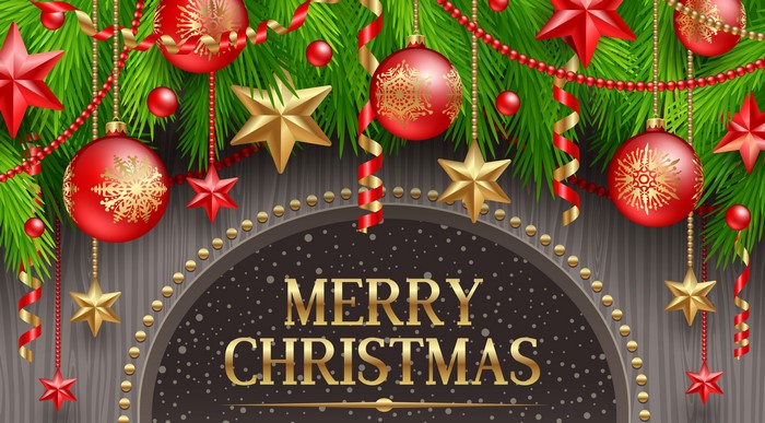 Merry Christmas text with ornaments and pine branches