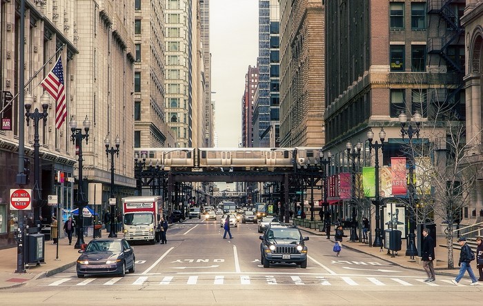 Chicago street with elevated train and traffic