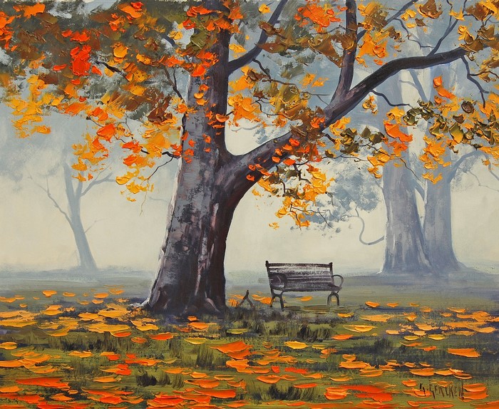 Autumn park scene with bench and trees