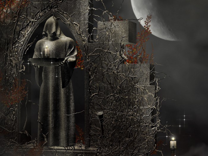Gothic fantasy hooded figure holding a candle