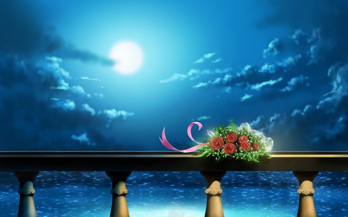 Bouquet of Roses on a Balcony Under the Moon