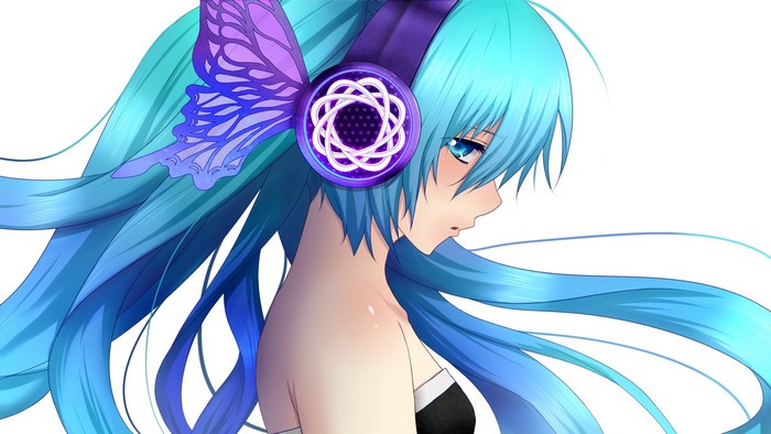 Hatsune Miku with headphones and butterfly hair accessory