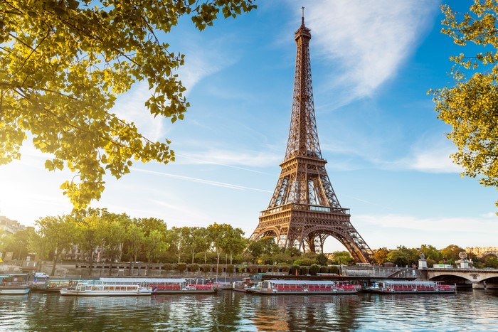 Eiffel Tower and Riverboats on the Seine in Paris, France