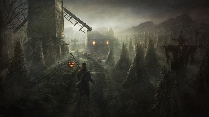 Halloween night in a rainy field with a windmill