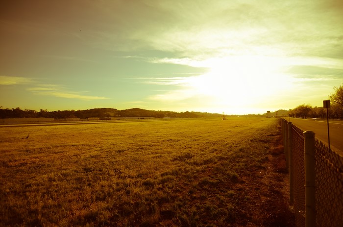 Grasslands with a fence and a road at sunset