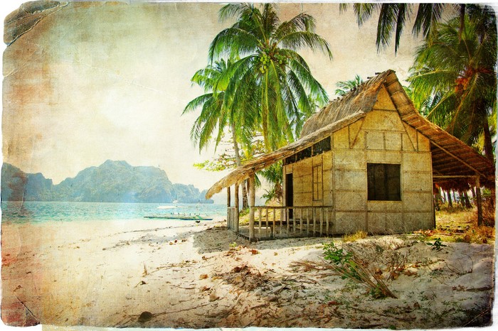 Tropical beach bungalow with palm trees and mountains
