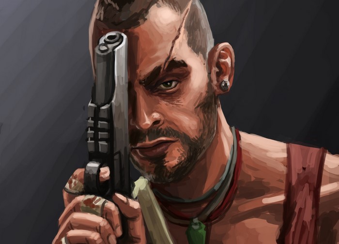 Vaas Montenegro from Far Cry 3 holding a pistol