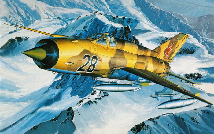 Painting of a Soviet MiG-21 fighter jet in flight