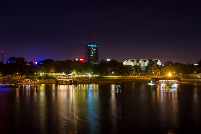Belgrade, Serbia Skyline at Night over River