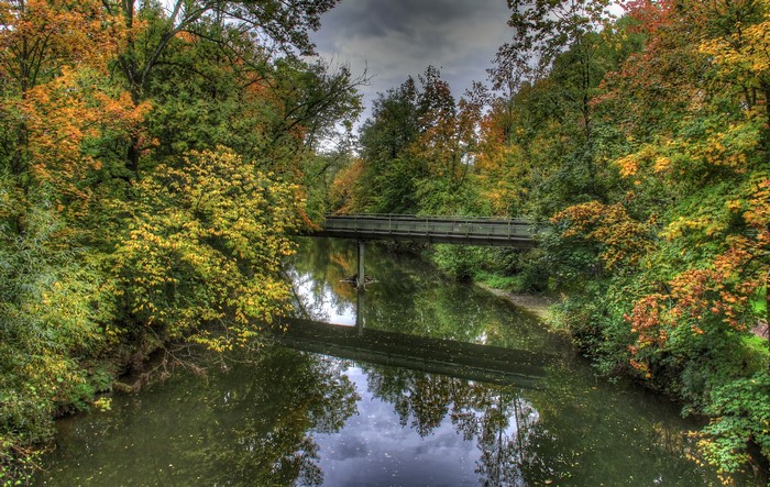 Bridge over a river in Bad Mergentheim, Germany during autumn