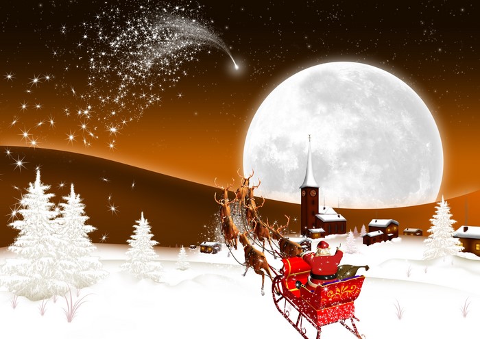 Santa Claus flying in a sleigh with reindeer under the moon