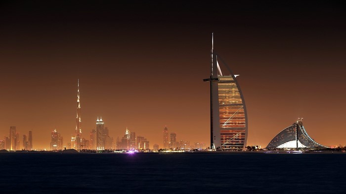 Dubai skyline with Burj Al Arab and Burj Khalifa at night