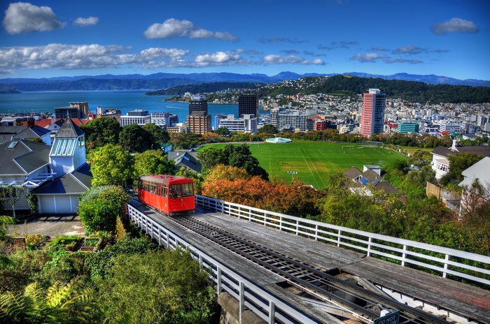 Wellington Cable Car overlooking city and harbor, New Zealand