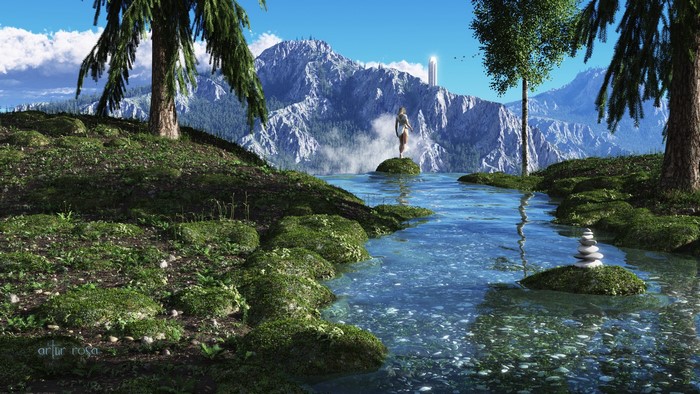 Woman standing on rock in river with mountains