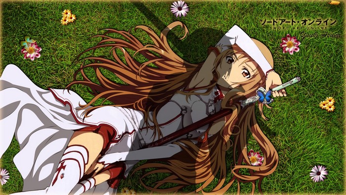 Asuna Yuuki from Sword Art Online lying on grass